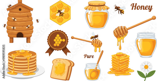 Honey and Beekeeping Illustration Set with Hive, Bees, Honeycomb, Pancakes, and Jars Representing Natural Sweet Food and Apiculture in Vector Design