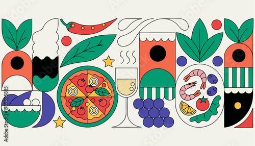 Vibrant flat illustration celebrating italian cuisine with pizza seafood wine and grapes featuring bold geometric shapes a playful abstract style and a cheerful colorful aesthetic