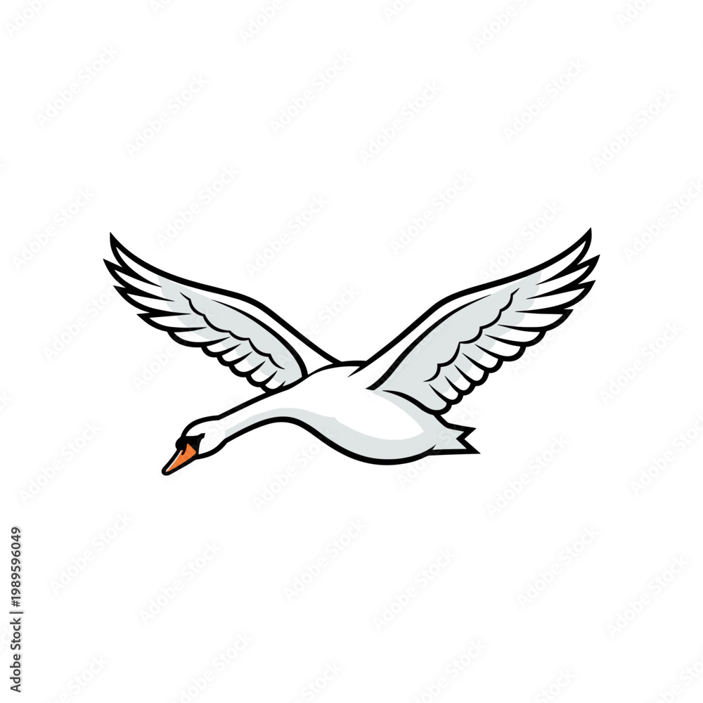 Obraz premium A majestic white swan with wings spread wide is captured in mid-flight against a white background.