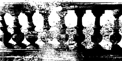 Row of distressed balusters showing heavy wear on exterior ledge