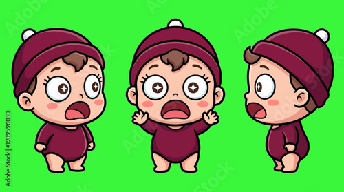 Adorable Cartoon Baby with Surprised Expression in Various Poses.