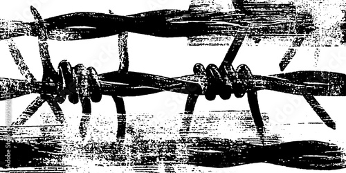Twisted barbed wire strands crossing gritty textured background