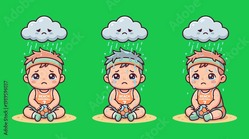 Adorable Cartoon Babies Under Sad Clouds Experiencing Rainfall.