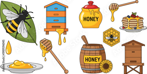 Honey and Beekeeping Elements Set with Bees, Hive Boxes, Jars, Dipper, and Sweet Food Representing Apiculture and Natural Organic Products in Vector Illustration