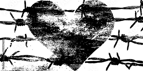 Heart shape encircled by multiple barbed wire strands on white background