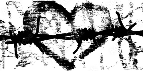 Heart silhouette obscured by single barbed wire on textured white