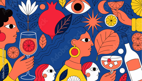 Vibrant and eclectic illustration featuring diverse individuals celebrating with refreshing drinks and symbolic motifs set against a rich textured navy blue background with pops
