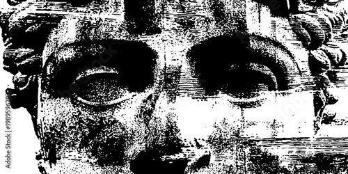 Ancient sculpture eye region closeup on distressed texture