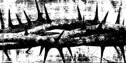 Sharp thorny branch with repeating spikes on white background