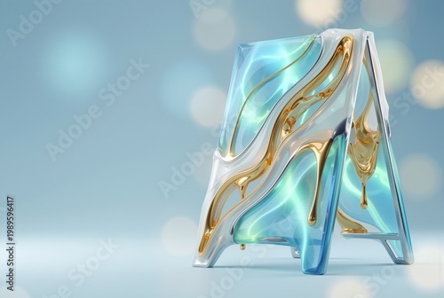 Abstract decorative object with gold and translucent blue green flowing elements