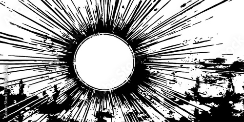 Bright sunburst over silhouetted treeline with radial rays