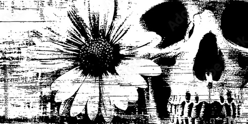 Daisy and skull juxtaposed on textured wooden surface grunge backdrop