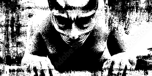 Masked figure leaning forward against grunge textured wall