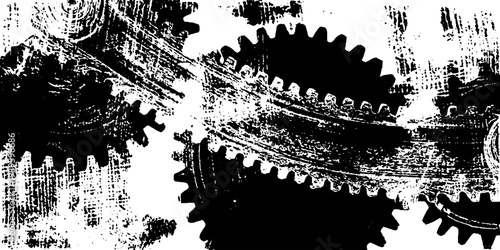 Large interlocking gears sliding across grunge surface