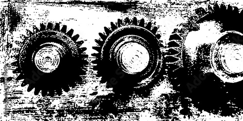 Multiple gears resting in distressed mechanical background