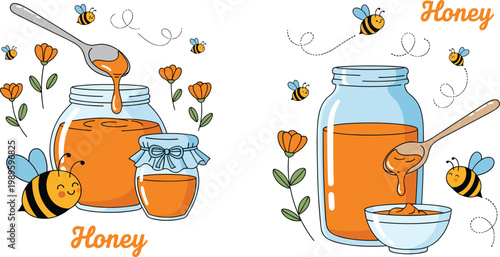 Cute Honey Jar Illustrations with Bees, Flowers, and Dipper Representing Natural Sweet Food, Organic Product, and Beekeeping Concept in Vector Style