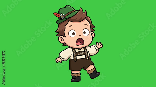 Cartoon Bavarian Boy in Traditional Outfit with Surprised Expression.