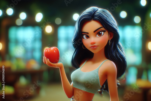 Animated young woman holding a red apple in an indoor setting