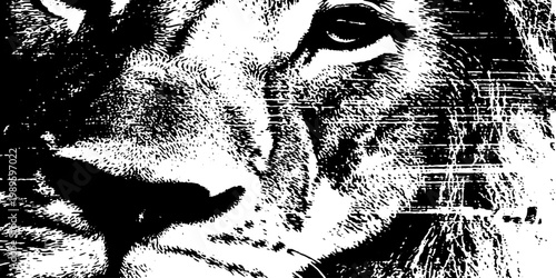 Lion face staring with glitch effect on white backdrop