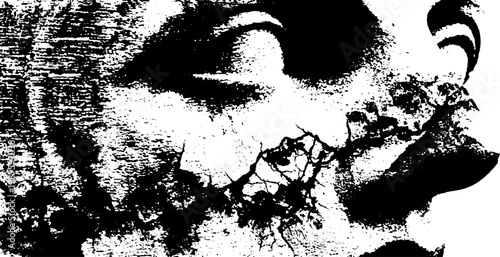 Antique sculpture cheek revealing cracks and flaking plaster close up