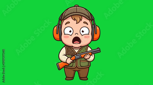 Cartoon Boy Holding a Shotgun with Protective Ear Muffs.