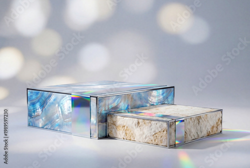Display pedestals featuring iridescent and organic textures with colorful light reflections