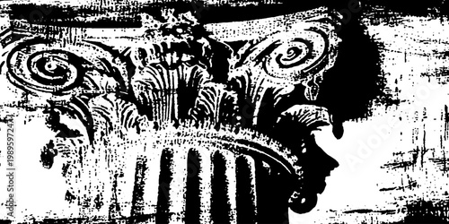 Corinthian column capital angled showing foliage on print background