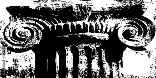 Ionic column capital closeup showing spiral volutes on print background