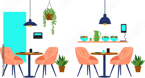 Vector Set of Cozy Cafe Interior with Tables, Chairs, Plants, and Dining Accessories for Restaurant, Food, and Hospitality Designs