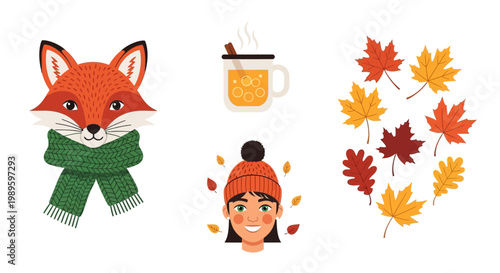 Flat design vector illustration of autumn season cozy character enjoying warm drink surrounded by colorful falling leaves lifestyle concept