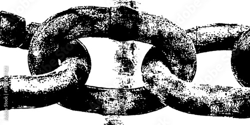 Closeup corroded chain link detail on white textured background