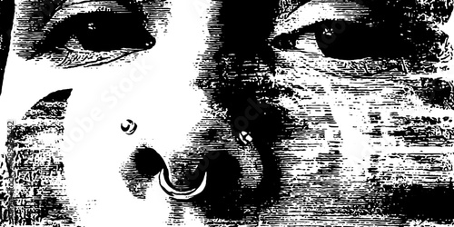 Woman face with nose piercings against textured background