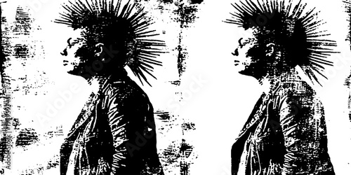 Twin punk profile figures standing against distressed white backdrop