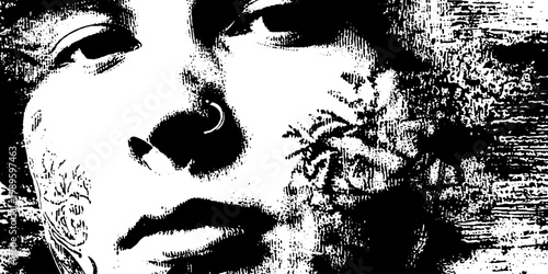 Close female portrait with facial tattoos on textured background