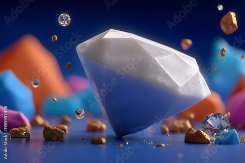 Geometric crystal with scattered gold and diamonds on a deep blue background