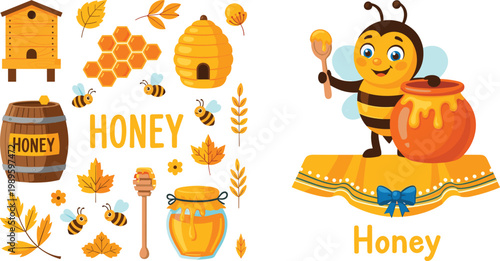 Cute Honey and Beekeeping Set with Cartoon Bee, Hive, Honeycomb, and Jars Representing Natural Sweet Food and Organic Apiculture Concept in Vector Illustration