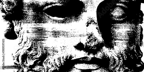 Stone sculpture face with horizontal erosion marks closeup