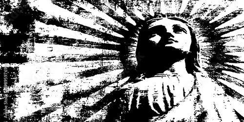 Stone statue looking upward with radiating sunburst background