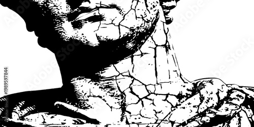 Classical statue neck and shoulder cracked portrait on white background