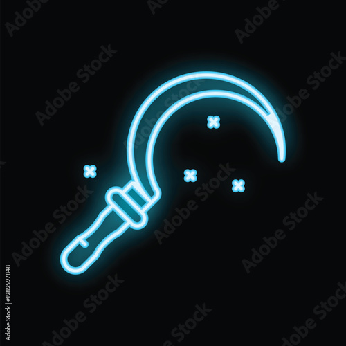 Blue neon sign of a sickle glowing on a black background