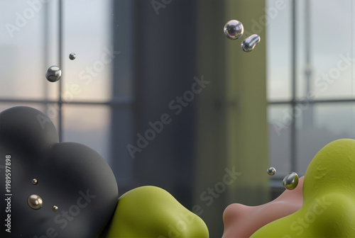 Abstract fluid shapes and metallic spheres float against a blurred urban window background