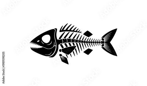 Black fish skeleton vector illustration isolated on white background for biology education and anatomical design