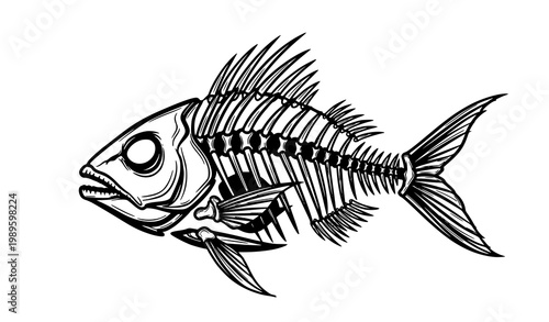 Creative black fish skeleton vector illustration with stylized anatomical bones for artistic and decorative design use