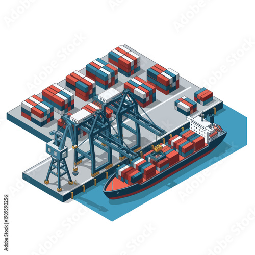 Isometric Illustration of a Cargo Ship at a Port Terminal.