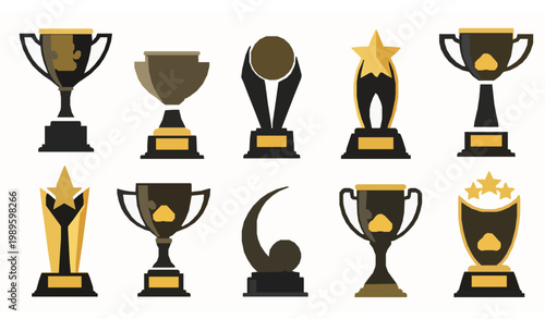 Creative black and gold trophy vector set with paw print elements for pet award winner and competition celebration design