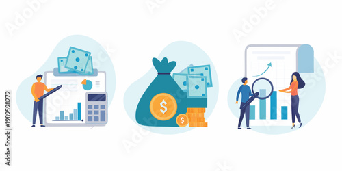 Financial analysis and growth concepts with people and charts illustrated