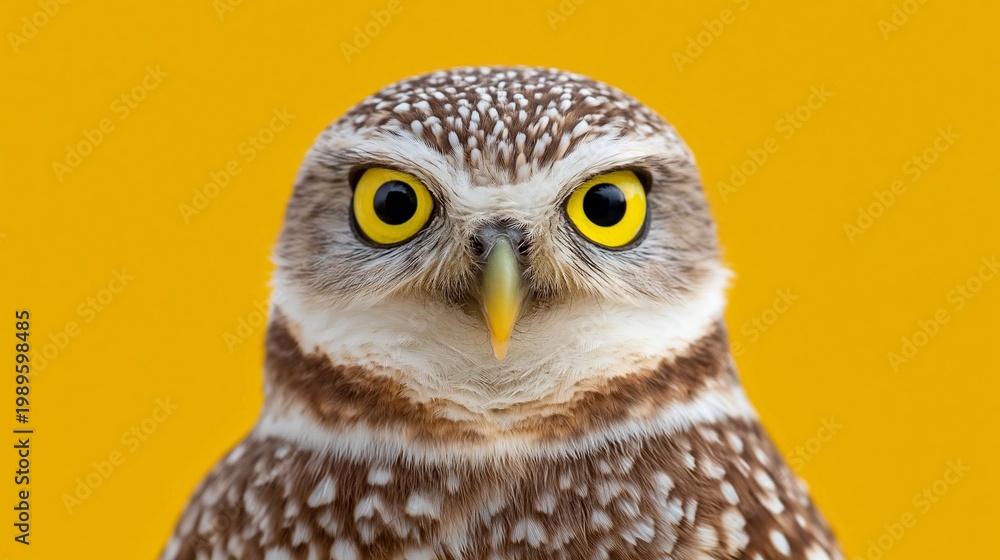 Fototapeta premium Burrowing owl with distinctive yellow eyes and spotted feathers against a bright yellow background, showcasing its unique facial features and vibrant coloration
