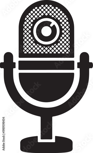 Microphone icon, black and white sound equipment, audio recording symbol, podcasting mic