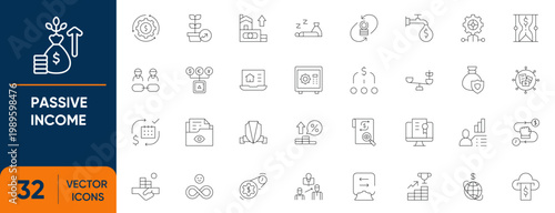 Passive Income Icon Set. Containing Automated, Revenue, Stream, Cashflow, financial freedom and more. Editable vector Line icons collection.