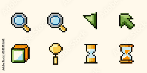 Pixel art icons depicting magnifying glasses a leaf and hourglasses